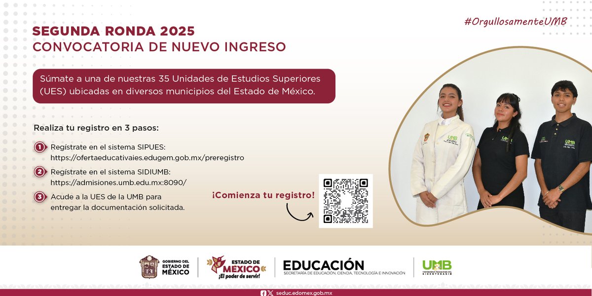 📢 Participa en la segunda ronda de la Convocatoria de Nuevo Ingreso y forma parte de una de nuestras 35 Unidades de Estudios Superiores (UES) #UMB. 
Si tienes dudas, comunícate vía mensaje directo. 👩‍💻👨‍💻 
#OrgullosamenteUMB