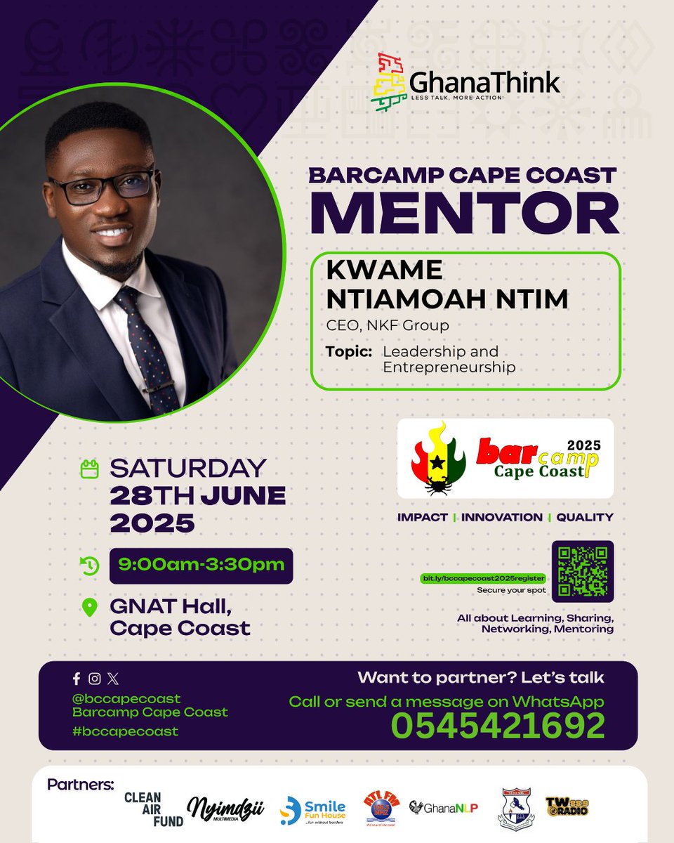 Join #BarcampCapeCoast on Saturday, June 28 @ GNAT Hall, near CCTU in Cape Coast: #learning, #sharing, #networking &amp; #mentoring.

Register: bit.ly/bccapecoast202…

#bccapecoast mentor: Kwame Ntiamoah Ntim | CEO, NKF Group | Leadership &amp; Entrepreneurship