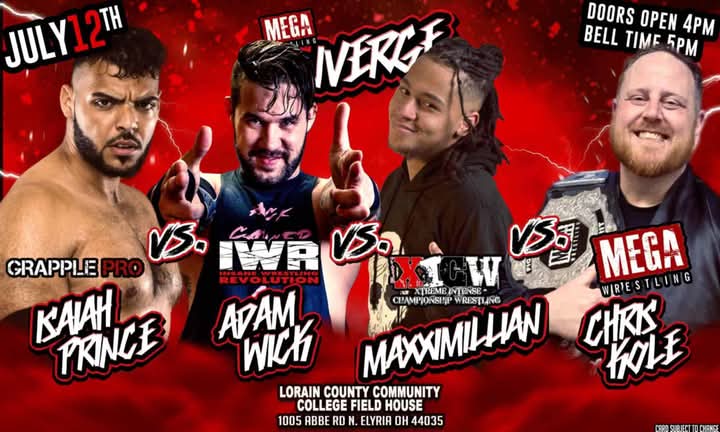 MATCH ANNOUNCEMENT - Grapple Pro’s Isaiah Prince, IWR’s Adam Wick, and XICW’s Maxximillian, will challenge “The Godfather of Mega” Chris Kole in a four way match for the Fighting Spirit Championship on July 12th at Converge 2! All tickets are just $10: mcw.yapsody.com
