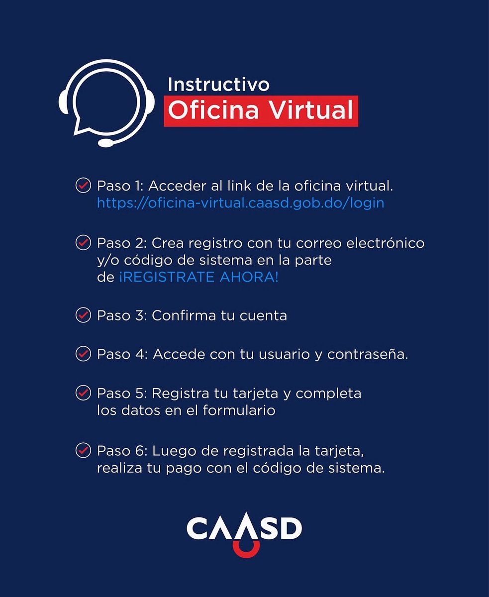 Ahora puedes pagar tu factura de forma rápida y segura con nuestra Oficina Virtual, disponible 24/7 desde cualquier dispositivo.
Nuestro Call Center está disponible  809-562-3500

 🕒 L a V: 8:00 a. m. - 7:00 p. m.
 🕒 Sábados, domingos y feriados: 8:00 a. m. - 6:00 p. m.

#CAASD