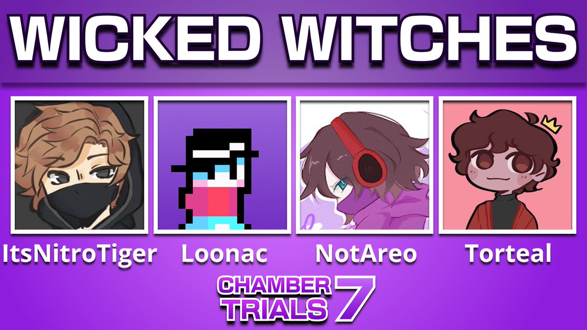 ChamberTrialsMC's tweet image. Announcing the Wicked Witches!
@NitroTiger6801 @Loonac_ @AreodactylYT @Torteal_
Their skills will be wicked (I'm trying) in Chamber Trials 7 on Sunday, June 29 @ 2PM EST
