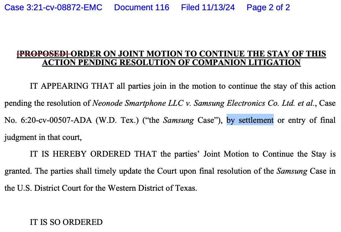 Neonode's companion litigation vs. Apple in California been stayed (ie postponed) pending a resolution w/ Samsung -- that's about to change.. $NEON $005930 $AAPL $GOOGL