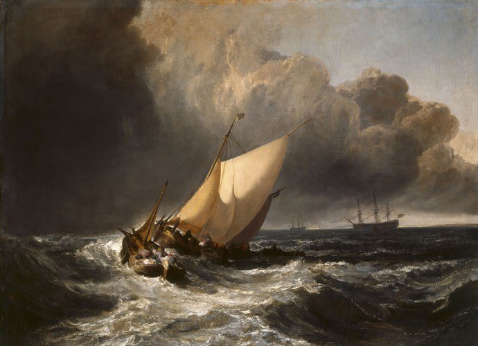 J.M.W. Turner, an English artist, created the 1801 oil painting ‘Dutch Boats in a Gale.’ This seascape portrays Dutch fishermen battling a fierce storm