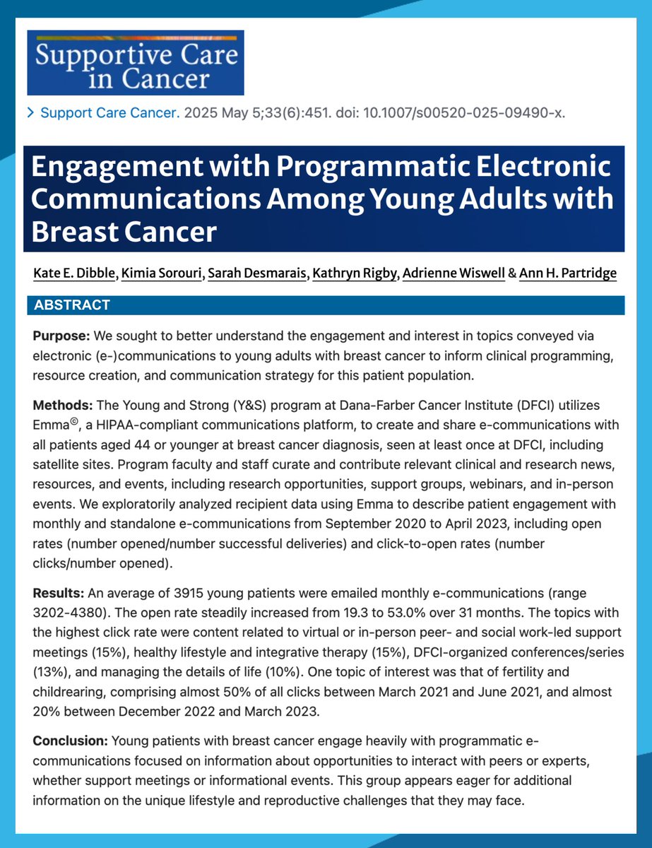 Dana-Farber’s Breast Oncology Center (@dfci_breastonc) on Twitter photo Check out this recent study from <a href="/DanaFarber/">Dana-Farber</a>'s Young & Strong Program looking at engagement with programmatic electronic communications among young adults with #BreastCancer.
👉pubmed.ncbi.nlm.nih.gov/40325248/
<a href="/DrKateDibble/">Kate E Dibble, Ph.D.</a> <a href="/KimiaSorouriMD/">Kimia Sorouri, MD, MPH</a> <a href="/aj_wiswell/">Adrienne J Wiswell</a> <a href="/AnnPartridgeMD/">Ann Partridge MD, MPH</a> #AYA Check out this recent study from <a href="/DanaFarber/">Dana-Farber</a>'s Young & Strong Program looking at engagement with programmatic electronic communications among young adults with #BreastCancer.
👉pubmed.ncbi.nlm.nih.gov/40325248/
<a href="/DrKateDibble/">Kate E Dibble, Ph.D.</a> <a href="/KimiaSorouriMD/">Kimia Sorouri, MD, MPH</a> <a href="/aj_wiswell/">Adrienne J Wiswell</a> <a href="/AnnPartridgeMD/">Ann Partridge MD, MPH</a> #AYA