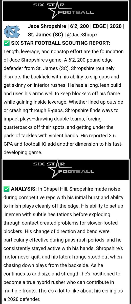 Jace- BamBam- Shropshire C/O 2028 (@jaceshrop7) on Twitter photo I Would Like To Thank <a href="/sixstarfootball/">Six Star Football | PLUS+</a> For The Coverage <a href="/UNCFootball/">Carolina Football</a> OL/DL Camp.
<a href="/RidgeViewF_Ball/">Ridge View Football</a> <a href="/CoachHowardII/">Derek Howard, II</a> <a href="/BAMAxCB/">CB</a>
#NothingGivenEverythingEarned
<a href="/PrepRedzone/">Prep Redzone ๐</a> <a href="/PrepRedzoneSC/">Prep Redzone South Carolina</a> <a href="/247Sports/">247Sports</a> I Would Like To Thank <a href="/sixstarfootball/">Six Star Football | PLUS+</a> For The Coverage <a href="/UNCFootball/">Carolina Football</a> OL/DL Camp.
<a href="/RidgeViewF_Ball/">Ridge View Football</a> <a href="/CoachHowardII/">Derek Howard, II</a> <a href="/BAMAxCB/">CB</a>
#NothingGivenEverythingEarned
<a href="/PrepRedzone/">Prep Redzone ๐</a> <a href="/PrepRedzoneSC/">Prep Redzone South Carolina</a> <a href="/247Sports/">247Sports</a>