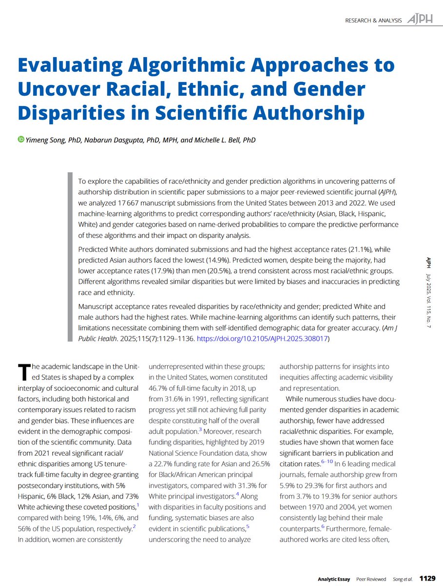 Thrilled that our article on uncovering racial, ethnic &amp; gender disparities in scientific authorship is featured in the July issue of <a href="/AMJPublicHealth/">AJPH</a>!