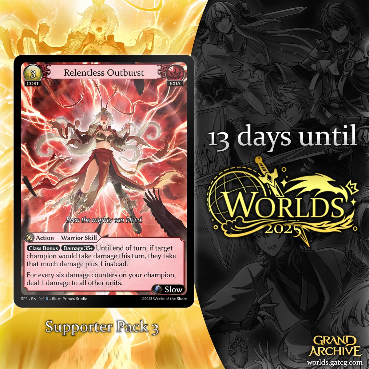 With less than two weeks to go until the World Championships, here’s your first look at Relentless Outburst from Supporter Pack 3, debuting at Worlds 2025!

Worlds 2025 Information: worlds.gatcg.com

Introducing Supporter Pack 3: gatcg.com/article/introd…