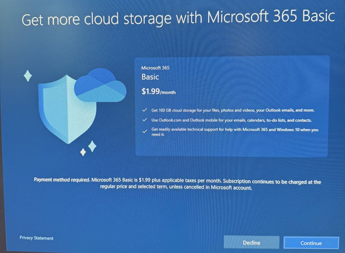 lacker's tweet image. Such a scam, Windows trying to sell you things on startup with the default button being “buy”. Now I need to warn my children never to trust anything this Microsoft company says.