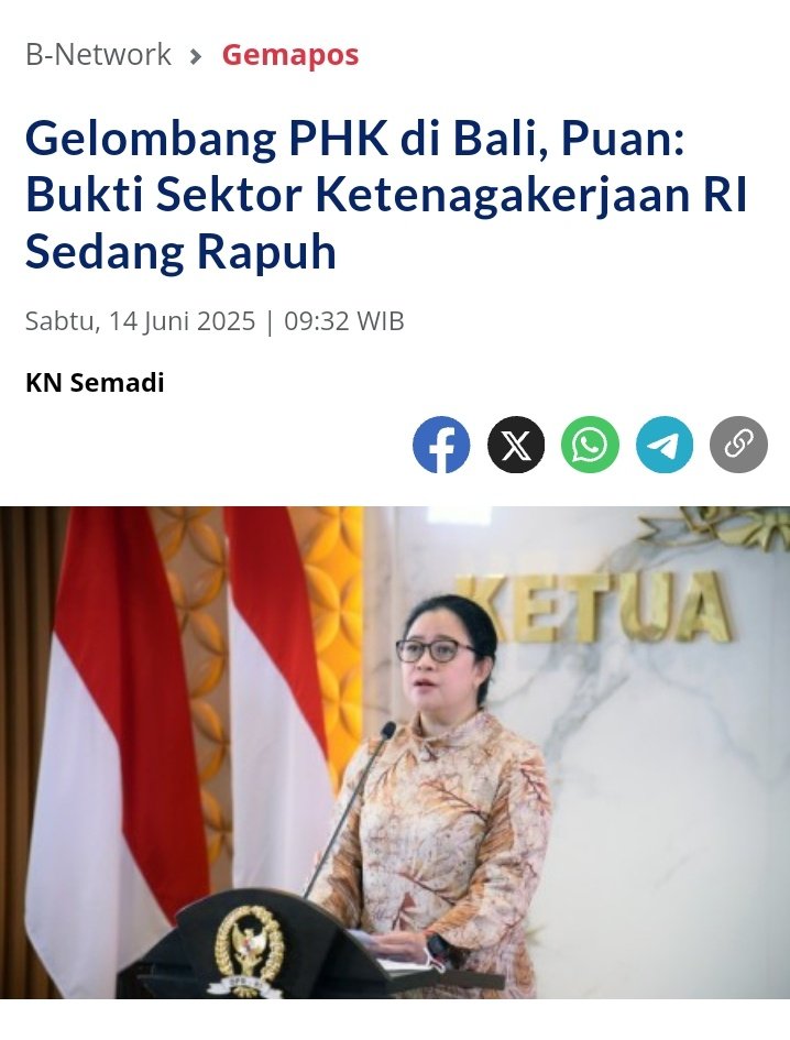 Ketua DPR RI, Mbak Puan Maharani meminta pemerintah segera bertindak konkret menyikapi PHK massal yang mulai meluas ke sektor pariwisata seperti di Bali.

Setuju banget, pemerintah jangan cuma omon2 ya..🤭
beritasatu.com/network/gemapo…