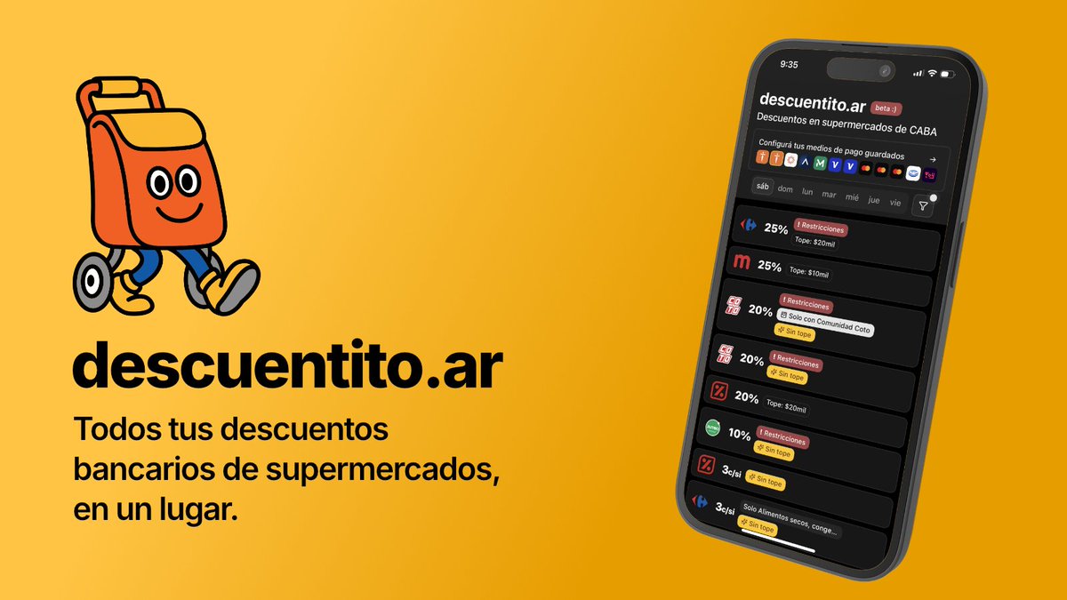 DescuentitoAr's tweet photo. ¡Hola! Soy Descuentin, y vengo a ayudarte a ahorrar en las compras de supermercado.
→ Configurá la app para que solo muestre tus bancos/billeteras
→ 100% gratis
⚠️ BETA! la información puede y va a ser incorrecta. https://t.co/rx0z09E0Ju