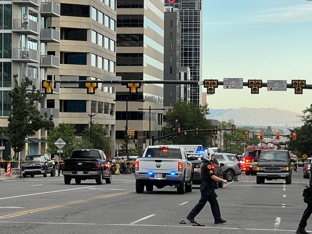 SLCScanner's tweet photo. #Breaking Salt Lake City Police report a shooting near 200 S. State St. during the No Kings protest, leaving one person critically injured and hospitalized with life-threatening injuries. Officers request the public to evacuate calmly and safely. The situation remains dynamic. Media staging is at 100 South 300 East. #NoKingsDay #SLC #Utah