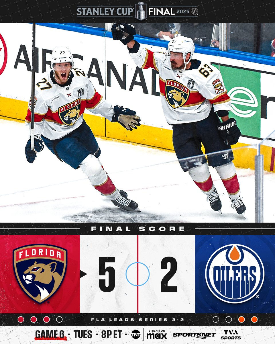 NHL (@nhl) on Twitter photo THE PANTHERS ARE ONE WIN AWAY FROM REPEATING AS #STANLEYCUP CHAMPS 😱
Catch Game 6 of the #StanleyCup Final between the <a href="/EdmontonOilers/">Edmonton Oilers</a> and <a href="/FlaPanthers/">x - Florida Panthers</a> Tuesday, June 17 at 8p ET on <a href="/NHL_On_TNT/">NHLonTNT</a>, <a href="/SportsonMax/">Sports on Max</a>, <a href="/Sportsnet/">Sportsnet</a>, and <a href="/TVASports/">TVA Sports</a>! THE PANTHERS ARE ONE WIN AWAY FROM REPEATING AS #STANLEYCUP CHAMPS 😱
Catch Game 6 of the #StanleyCup Final between the <a href="/EdmontonOilers/">Edmonton Oilers</a> and <a href="/FlaPanthers/">x - Florida Panthers</a> Tuesday, June 17 at 8p ET on <a href="/NHL_On_TNT/">NHLonTNT</a>, <a href="/SportsonMax/">Sports on Max</a>, <a href="/Sportsnet/">Sportsnet</a>, and <a href="/TVASports/">TVA Sports</a>!