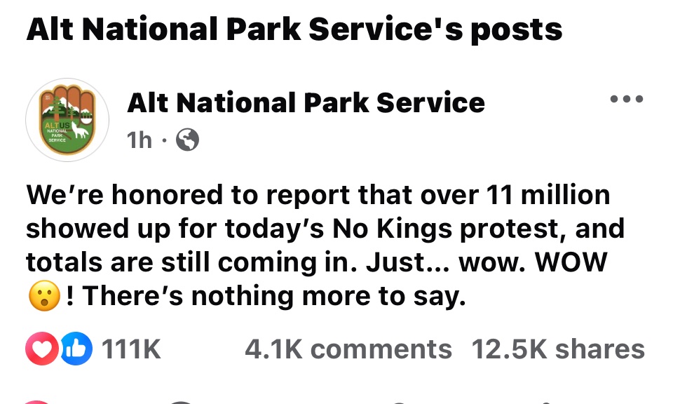 Reporting totals from today’s No Kings protests: Historians note that when 3.5% of a population rises up, regimes fall. With over 11M in the streets—roughly 3.5% of the U.S.—this marks a historic turning point. The people have spoken. Don’t FVCK with the people.