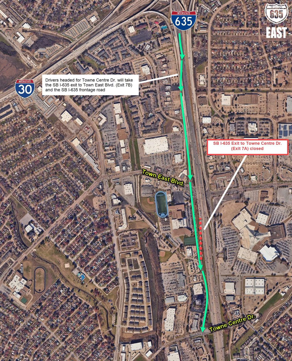 TRAFFIC ALERT: (Mesquite) - Beginning next Sat. evening 6/21, drivers traveling SB I-635 will access Towne Centre Dr. using an earlier exit to Town East Blvd. (Exit 7B). This will last through the end of 2025. View map attachment for more details. 

#KnowBeforeYouGo