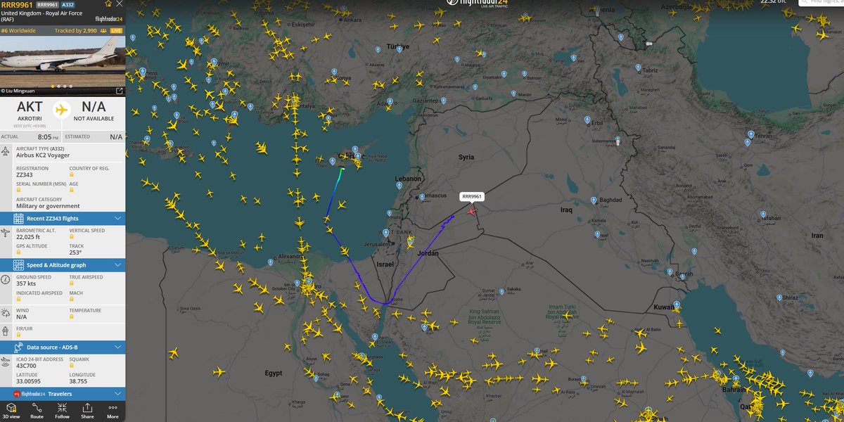 🇬🇧United Kingdom RAF KC2 Voyager refueling and supporting Israeli air defense operations over Jordan as well at this moment.