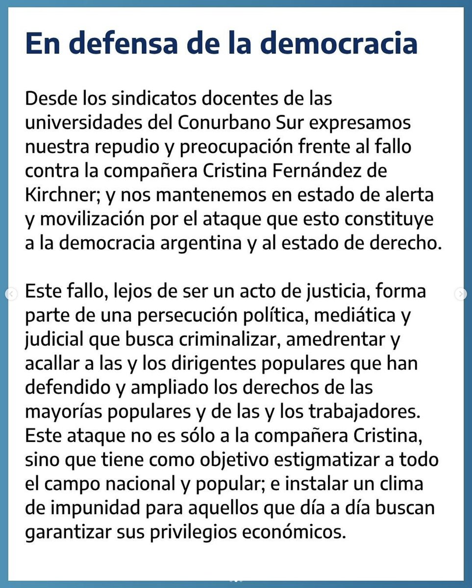 📢Estimados/as afiliados/as compartimos con Uds. la declaración conjunta de los Sindicatos Universitarios del Conurbano Sur,  en repudio a la proscripción de la ex-presidenta CFK. 📌Nos movilizarnos el próximo miércoles 18 de junio en defensa de la democracia. <a href="/PrensaCONADU/">CONADU</a>