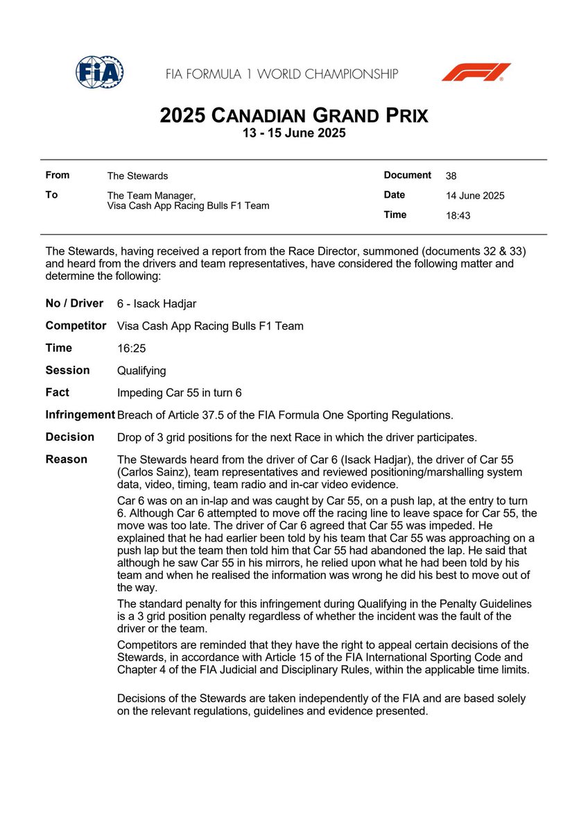 f1guille_'s tweet photo. Penalización a Hadjar! Mañana Franco larga P10 https://t.co/3oqT6Usazj