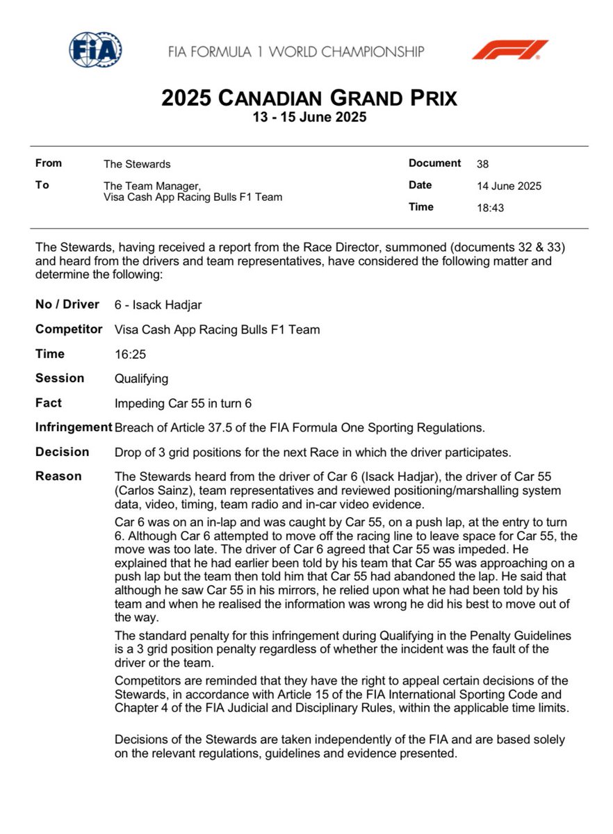 FormulaArg (@formulaargok) on Twitter photo 🚨| ES OFICIAL! Isack Hadjar sancionado por obstaculizar a Carlos Sainz
Recibe 3 puestos en la grilla de partida por lo que <a href="/FranColapinto/">Franco Colapinto</a> mañana partirá desde la P10!
#F1 #Formula1 #CanadianGP🇨🇦 #Colapinto 🚨| ES OFICIAL! Isack Hadjar sancionado por obstaculizar a Carlos Sainz
Recibe 3 puestos en la grilla de partida por lo que <a href="/FranColapinto/">Franco Colapinto</a> mañana partirá desde la P10!
#F1 #Formula1 #CanadianGP🇨🇦 #Colapinto