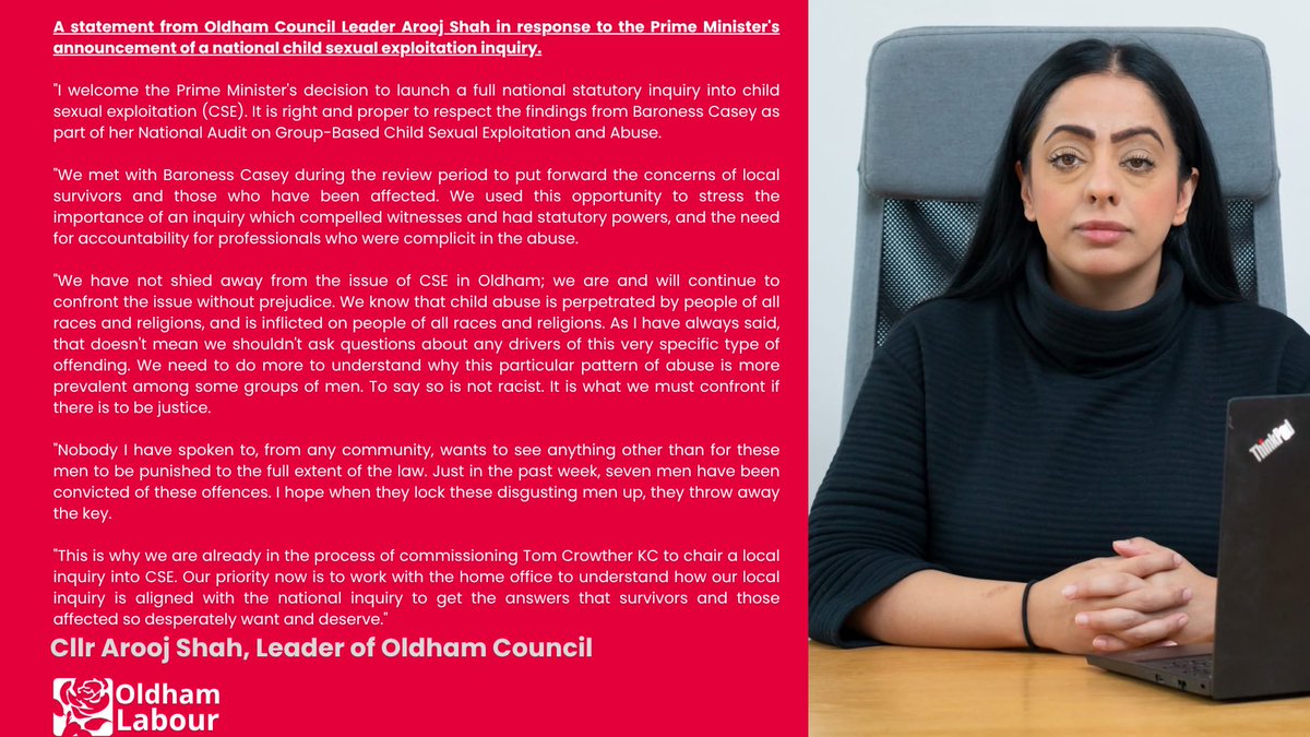 A statement from the leader of the council, Cllr Arooj Shah, following the Prime Minister’s announcement of a national inquiry into child sexual exploitation: oldham.gov.uk/news/article/2…