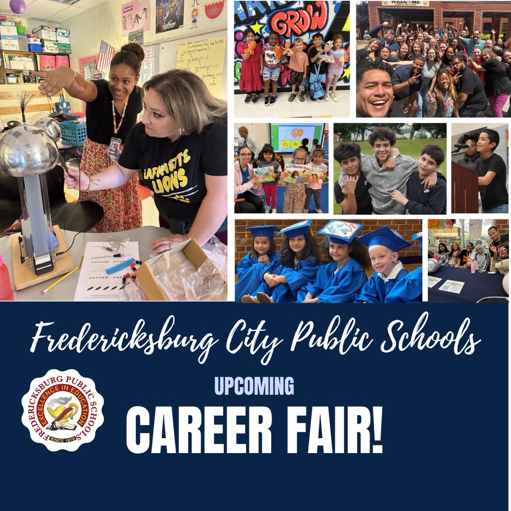 ✨UPCOMING CAREER FAIR! ✨

Preregistration is preferred; however, walk-ins are also welcome. 

📆Date: June 25
⏰Time: 10 AM – 2 PM
🚩Location: FCPS Central Office, 210 Ferdinand Street, Fredericksburg, VA 22401

Registration link: fxbgschools.us/page/human-res…
