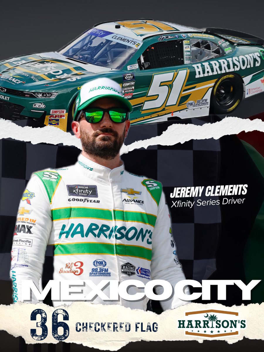 Harrison’s (@harrisonsusa) on Twitter photo CHECKERED FLAG 🏁
Our guy <a href="/JClements51/">Jeremy Clements</a> and the <a href="/JCR_Clements51/">JeremyClementsRacing</a> team finish the trip below the border to Mexico City in 36th place.
Great fight back from the team after a transmission failure early and will look to build back as we head to Pocono next week! CHECKERED FLAG 🏁
Our guy <a href="/JClements51/">Jeremy Clements</a> and the <a href="/JCR_Clements51/">JeremyClementsRacing</a> team finish the trip below the border to Mexico City in 36th place.
Great fight back from the team after a transmission failure early and will look to build back as we head to Pocono next week!