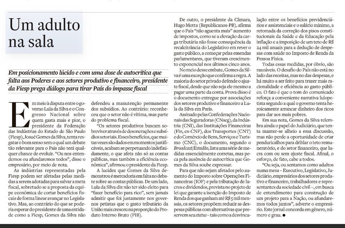 O Editorial do <a href="/Estadao/">Estadão 🗞️</a> de hoje faz menção à nota do Presidente da FIESP, Josué Gomes da Silva. Recomendo a Leitura 👇