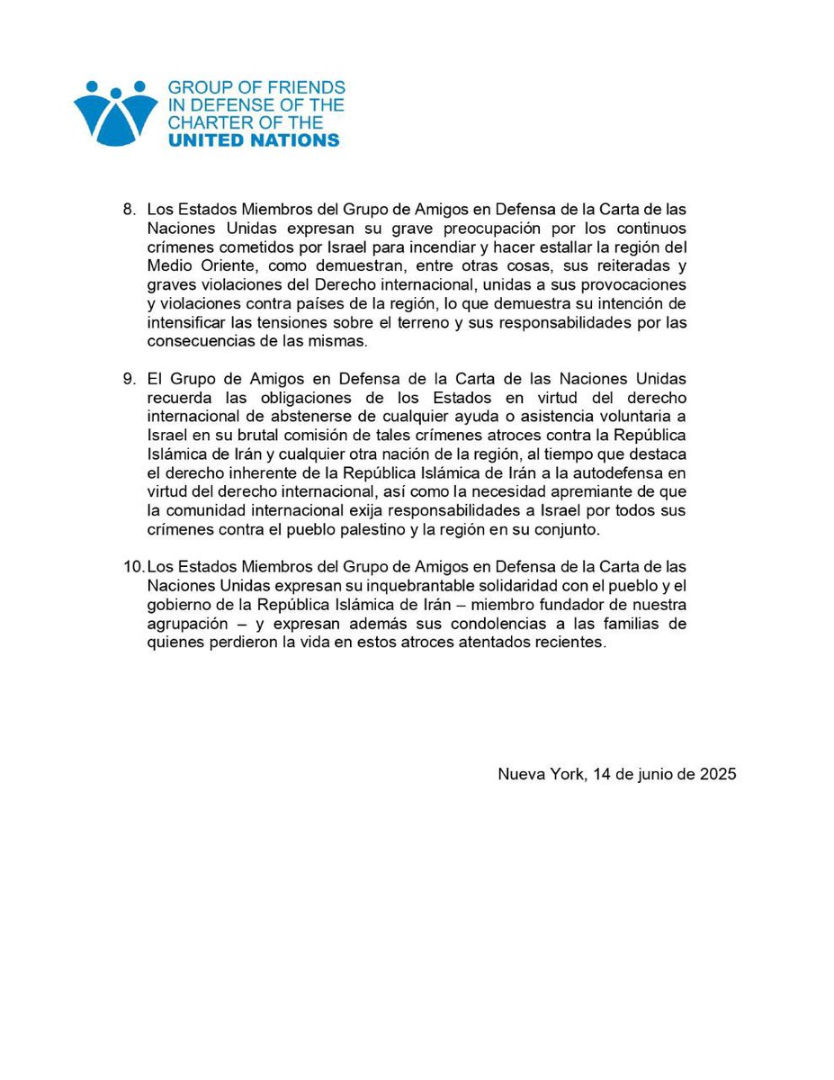 Comunicado: Grupo de Amigos en Defensa de la Carta de la ONU sobre el ataque atroz de Israel contra Irán (español)