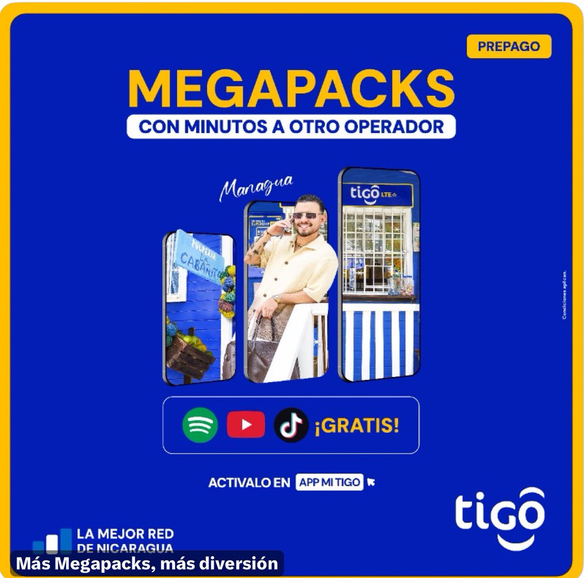🎶🤳 Activá tus Megapacks desde C$85, podes disfrutar de minutos para llamar al otro operador. Además, recibís Música, YouTube y TikTok  completamente GRATIS. 🤯🎉💙

👉 Activalos ya en tu pulpería más cercana o en app Mi Tigo 📲go.ni/cfb-app

*Condiciones aplican.