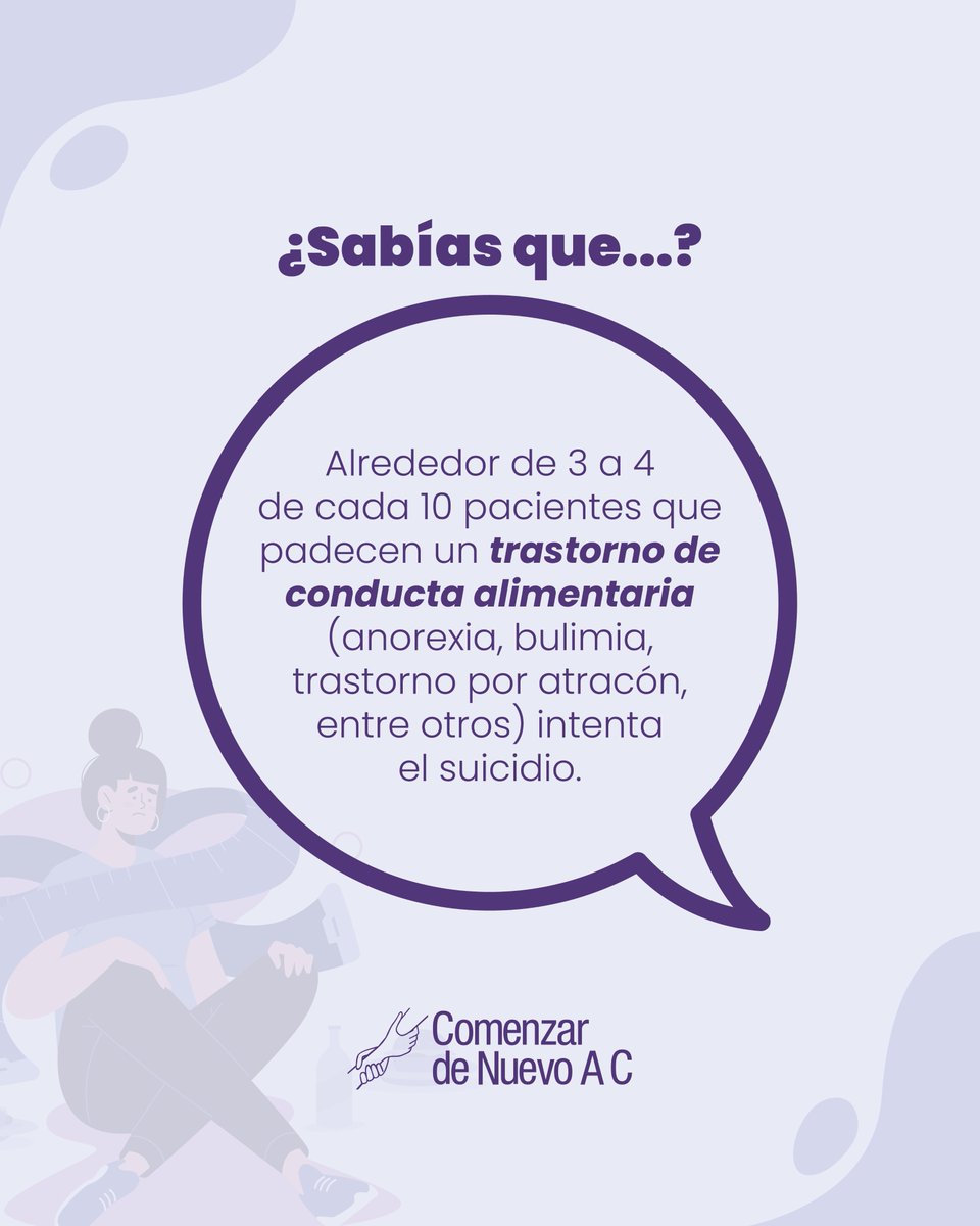 💔 ¿Sabías esto? Entre 3 y 4 de cada 10 personas que viven con un TCA han intentado quitarse la vida. 
🙏🏼 En CDN trabajamos para brindar contención, tratamiento y esperanza. Porque nadie debería sentirse tan solo/a en su dolor.

💬 Chat en línea: comenzardenuevo.org/helpline