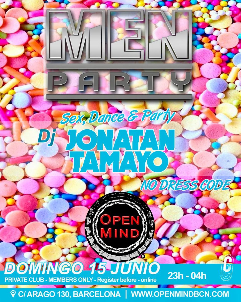 openmindbcnclub (@openmindbcnclub) on Twitter photo Otro Evento para no perderse.🌈🌈
Cuando: Domingo 15 de junio
Hora: a partir de las 23 horas
Donde: <a href="/openmindbcnclub/">openmindbcnclub</a>
Que: MEN PARTY🍭🍭🍭🍭
Con DJ <a href="/jonatantamayo4/">jonatan tamayo</a> ⭐️⭐️
Sex, Dance and Party🕺🕺🕺🕺
No dress code👚🧥👕👖🩳 Otro Evento para no perderse.🌈🌈
Cuando: Domingo 15 de junio
Hora: a partir de las 23 horas
Donde: <a href="/openmindbcnclub/">openmindbcnclub</a>
Que: MEN PARTY🍭🍭🍭🍭
Con DJ <a href="/jonatantamayo4/">jonatan tamayo</a> ⭐️⭐️
Sex, Dance and Party🕺🕺🕺🕺
No dress code👚🧥👕👖🩳