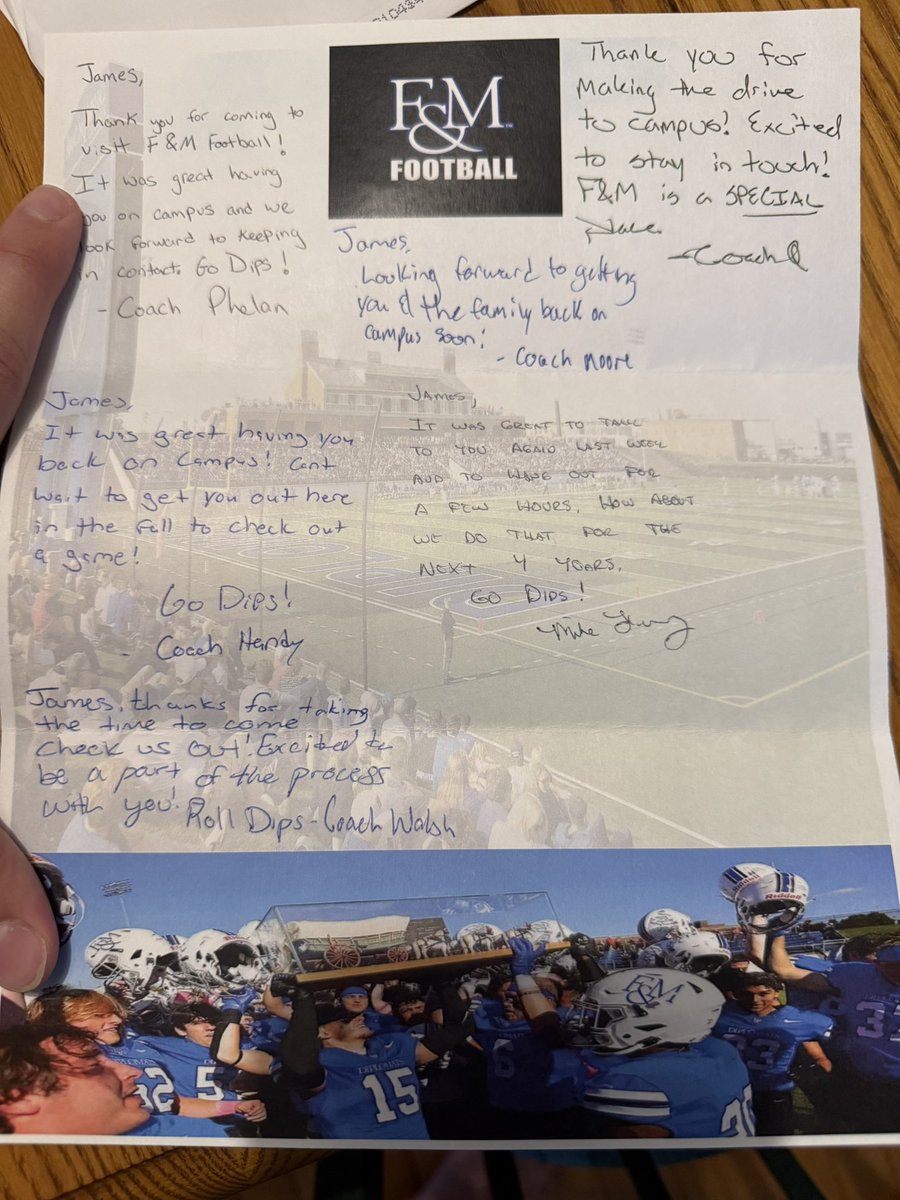 James Tyler (@jamestyler_58) on Twitter photo Thanks to the <a href="/FandMFootball/">F&M Football</a> staff for the mail! Can’t wait to get back out to campus to see a game! Go Dips! <a href="/Coach_Handy73/">Zach Handy</a> <a href="/andrew_loucks/">Coach Loucks</a> Thanks to the <a href="/FandMFootball/">F&M Football</a> staff for the mail! Can’t wait to get back out to campus to see a game! Go Dips! <a href="/Coach_Handy73/">Zach Handy</a> <a href="/andrew_loucks/">Coach Loucks</a>