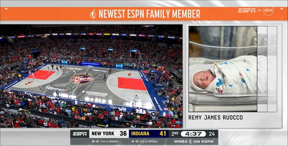 bill hofheimer (@bhofheimer_espn) on Twitter photo Happy early Father's Day to ESPN's <a href="/RyanRuocco/">Ryan Ruocco</a> who got the best gift of all... his second child, Remy James, was born this morning.
Longtime booth partner <a href="/RebeccaLobo/">Rebecca Lobo</a> shared the great news and gave the family a shout-out during our WNBA game earlier on ABC. Happy early Father's Day to ESPN's <a href="/RyanRuocco/">Ryan Ruocco</a> who got the best gift of all... his second child, Remy James, was born this morning.
Longtime booth partner <a href="/RebeccaLobo/">Rebecca Lobo</a> shared the great news and gave the family a shout-out during our WNBA game earlier on ABC.