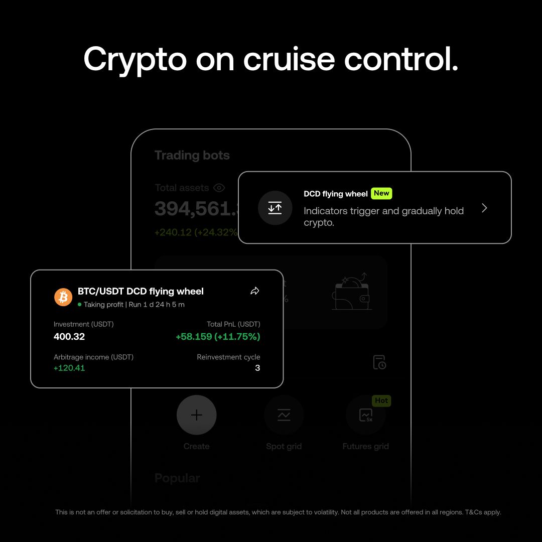 Why grind? Let Flywheel Bot automate the hustle! ✓ Buys dips, sells rips ✓  Earns APY on idle funds ✓ 24/7 gains ✓ All market trends - covered Set your  strategy and let it cook. 🔥