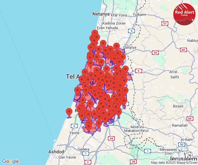 Red alerts now sounding in Central Israel, including Tel-Aviv.