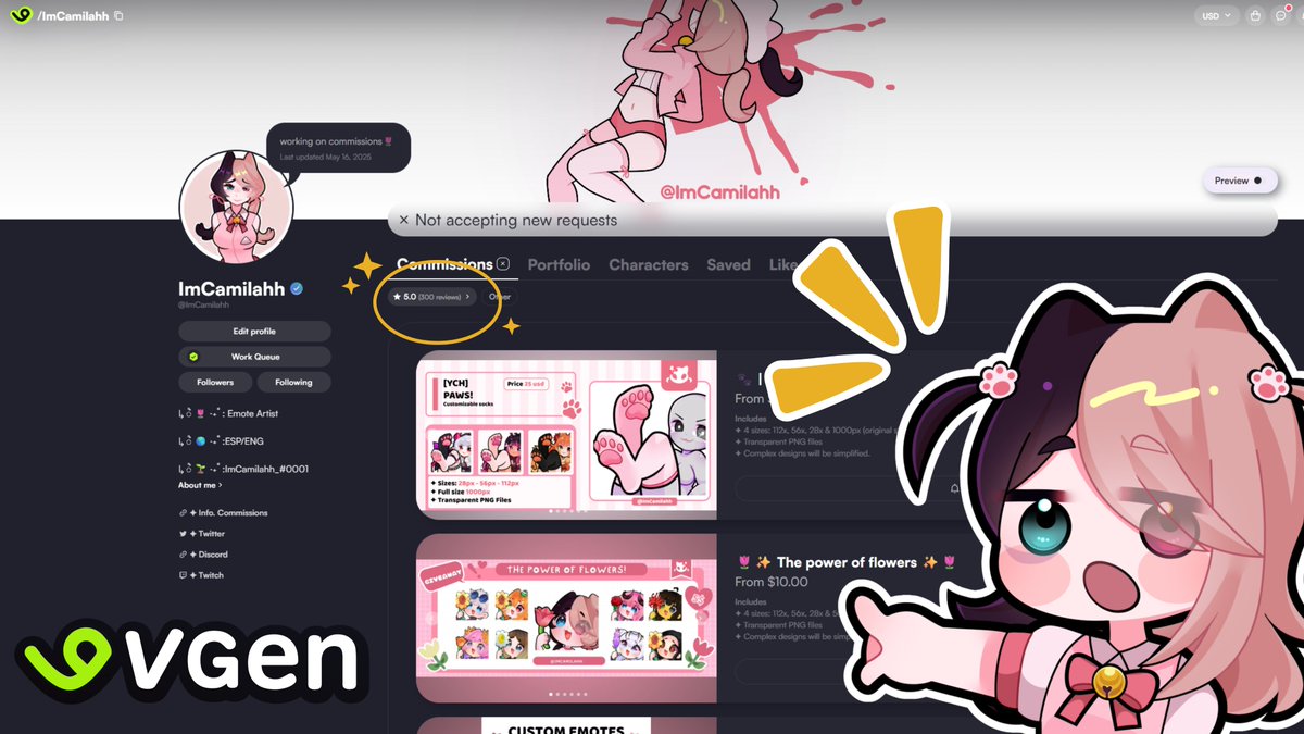 ImCamilahh's tweet image. Aahh I’m so excited! 🩷 We finally reached 300 reviews! (。&gt; ‿ &lt;。)🎉💫 Thank you all so much for your love and support! 🌷
✦ Vgen: Vgen.co/ImCamilahh
#VGenComms #emotes