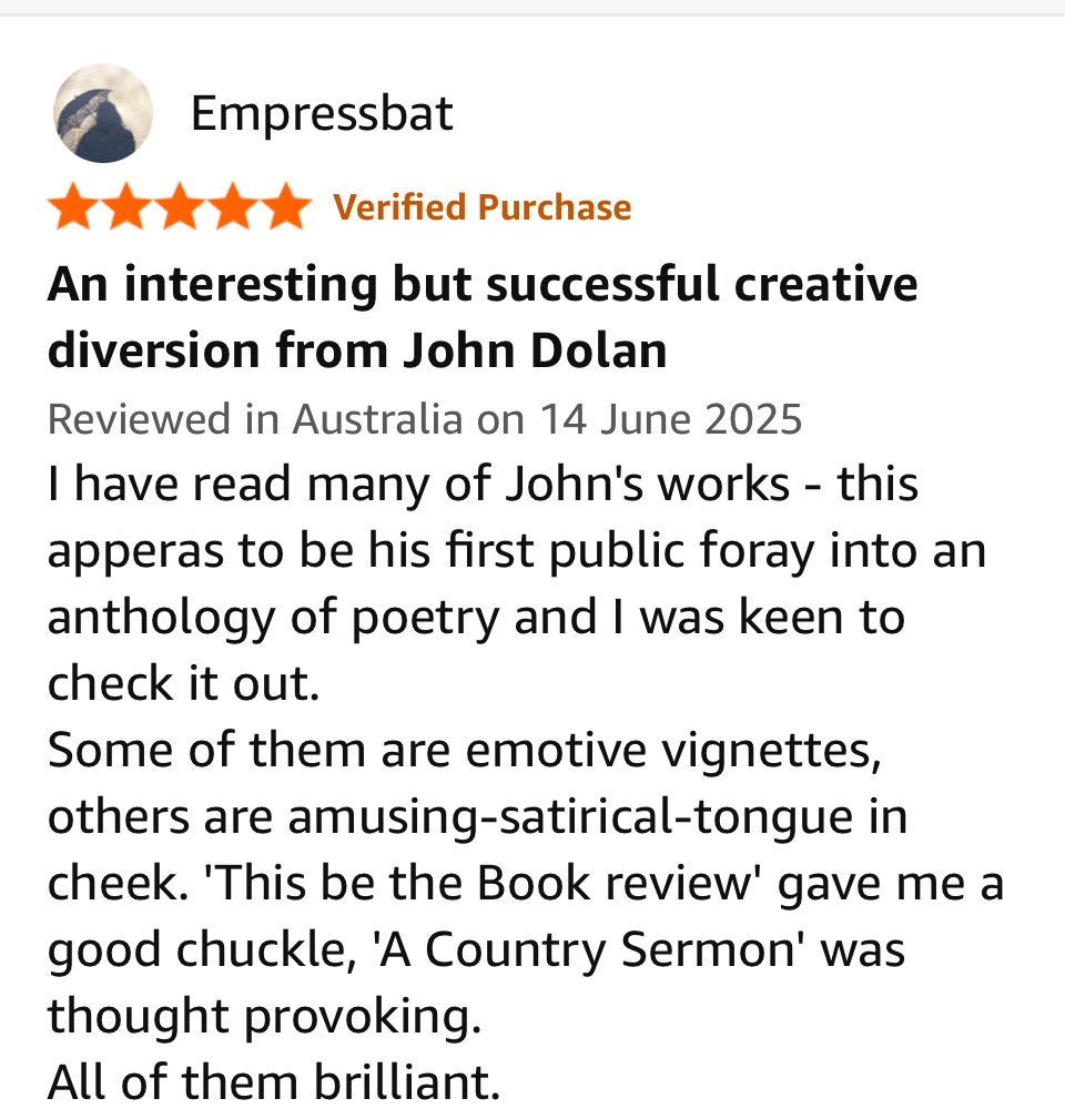 π¦ ππππππππππ (@empressbat) on Twitter photo I thoroughly enjoyed <a href="/JohnDolanAuthor/">John Dolan</a> βs #poetry and highly recommend the book to all. Where to buy? See links below
Australia amazon.com.au/Arrhythmia-J...
US shorturl.at/kbRDE
UK shorturl.at/sszCz
CA shorturl.at/BZILS I thoroughly enjoyed <a href="/JohnDolanAuthor/">John Dolan</a> βs #poetry and highly recommend the book to all. Where to buy? See links below
Australia amazon.com.au/Arrhythmia-J...
US shorturl.at/kbRDE
UK shorturl.at/sszCz
CA shorturl.at/BZILS