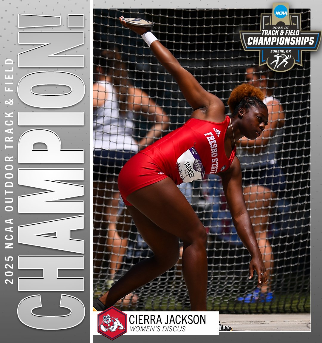 MountainWest's tweet photo. Cierra Jackson is 𝗚𝗢𝗟𝗗-EN!  

The Fresno State senior is the 2025 Women's Discus National Champion with a throw of 65.82m! https://t.co/pJbJ4u8GR3