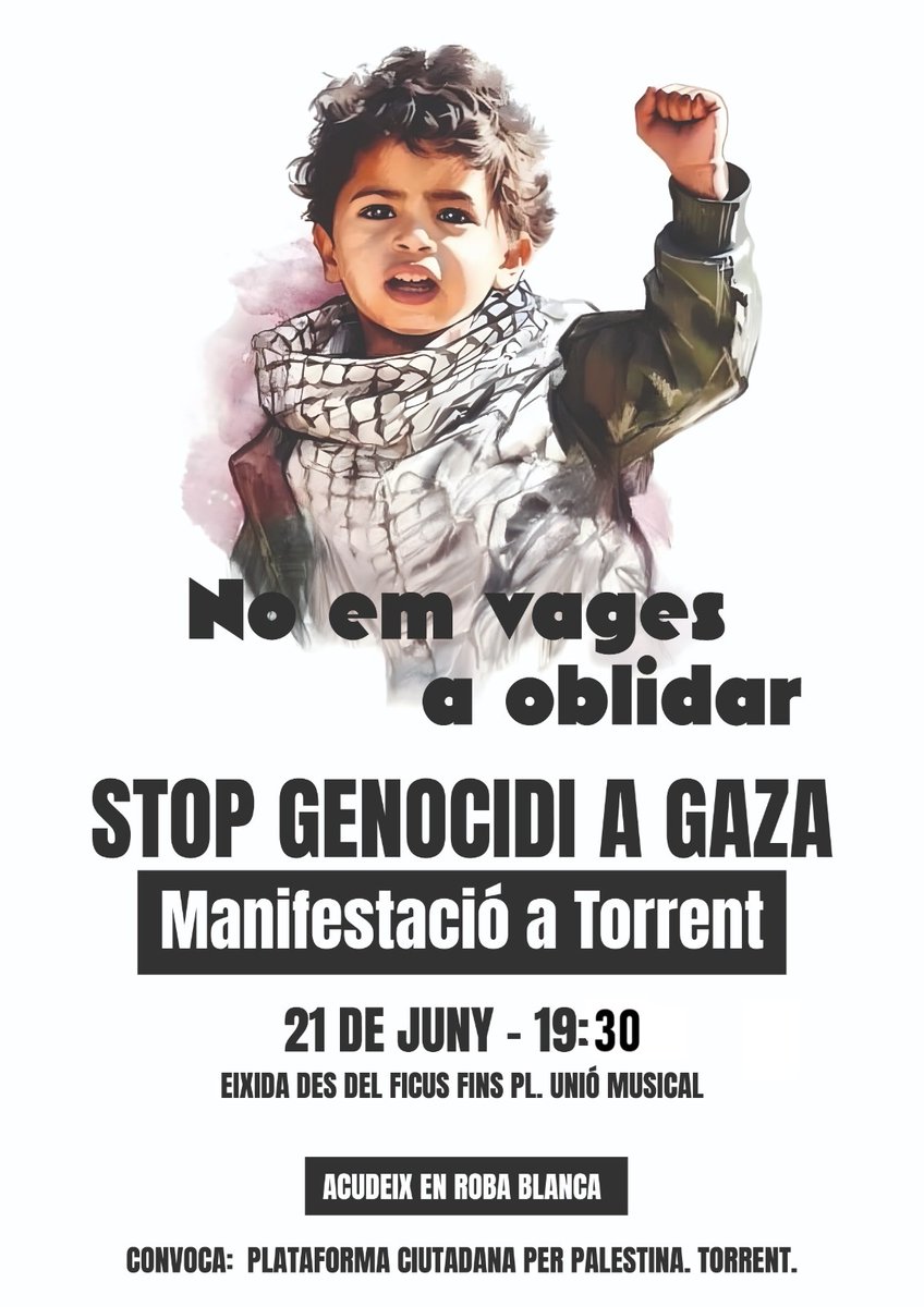 Davant la barbàrie que l’Estat genocida d’Israel està cometent contra el poble palestí de Gaza, us convoquem a una manifestació de repulsa el 21 de juny a les 19.30, que eixirà des del Ficus, al costat de l’Ajuntament.

📆21 de juny
⏰19:30h
🟣Més Info: bit.ly/PodemTorrent060🍉