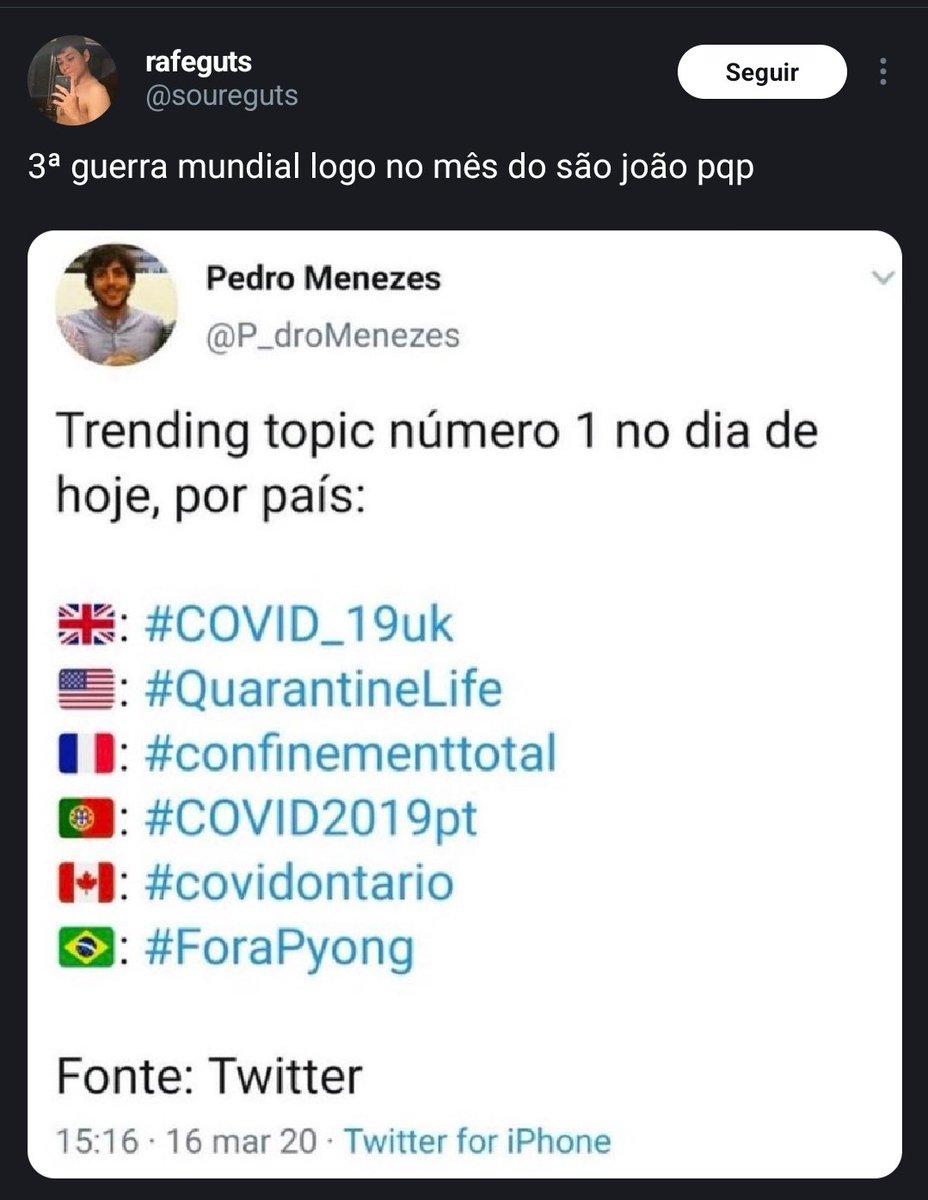 g_de_gay's tweet image. O mundo morrendo com a COVID e a gente levantando tag pro BBB #ForaPyong