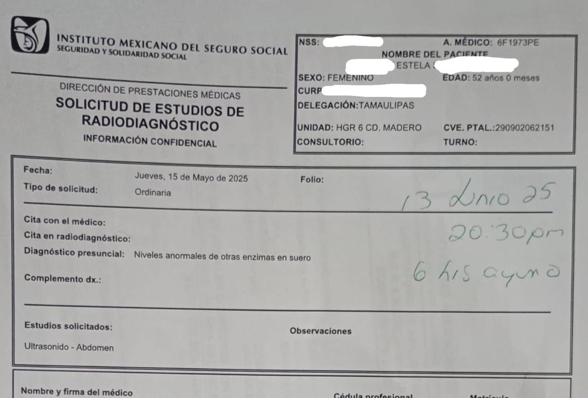 El día de ayer me cita el HGRZ No. 6 de <a href="/Tu_IMSS_TAM/">IMSS Tamaulipas</a>, a las 8 :30 pm para un estudio con 6 horas de ayuno (ni agua) un calor insoportable y deshidratada.
10 pm y los únicos que estaban en RX eran los de intendencia.
Me quejo porque es mi derecho y porque este hospital tiene ⬇️