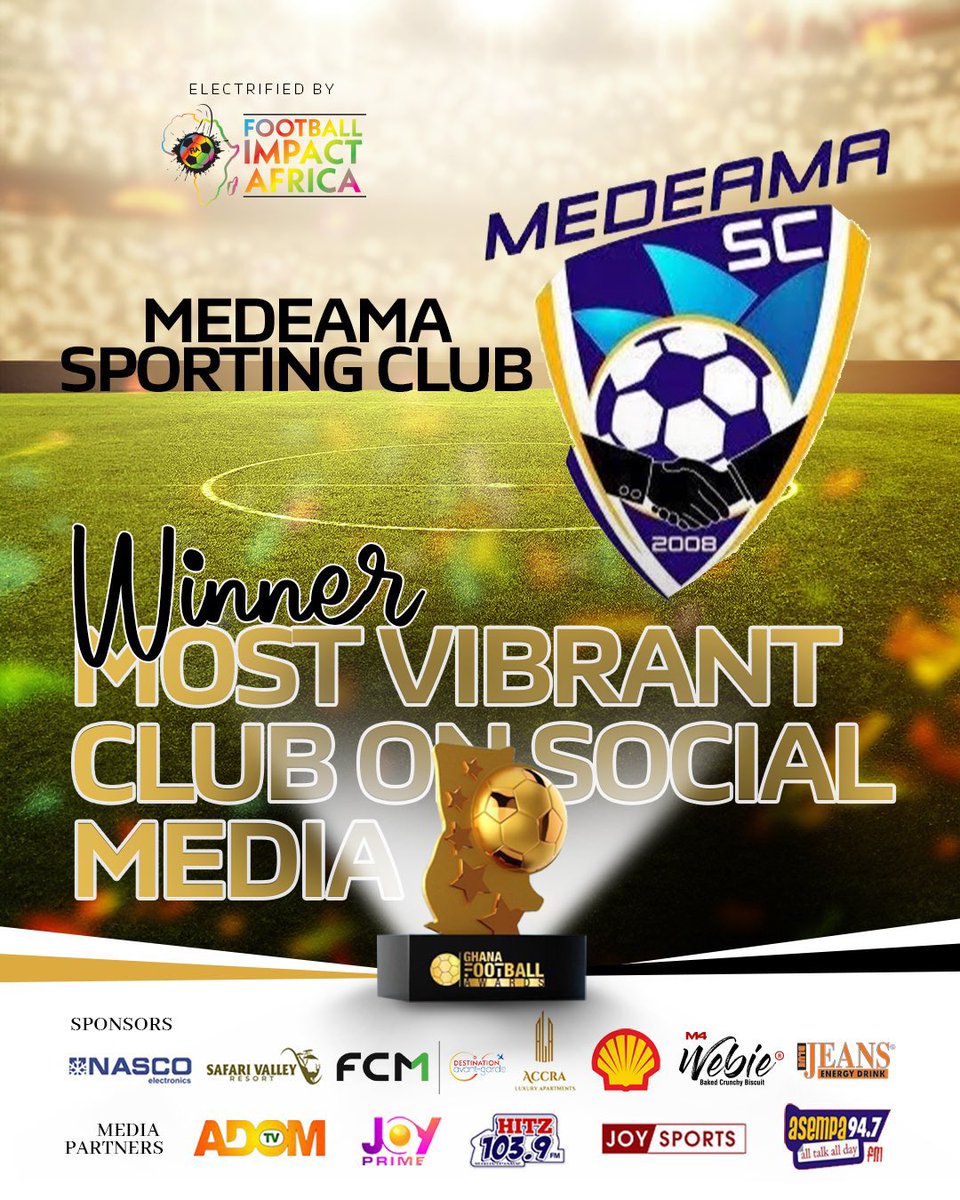 Medeama SC (@medeamasc) on Twitter photo Honored to be voted as the most Vibrant Club on Social Media.
Thank you to everyone that made this possible 🙌
<a href="/GF_Awards/">The Ghana Football Awards</a> Honored to be voted as the most Vibrant Club on Social Media.
Thank you to everyone that made this possible 🙌
<a href="/GF_Awards/">The Ghana Football Awards</a>