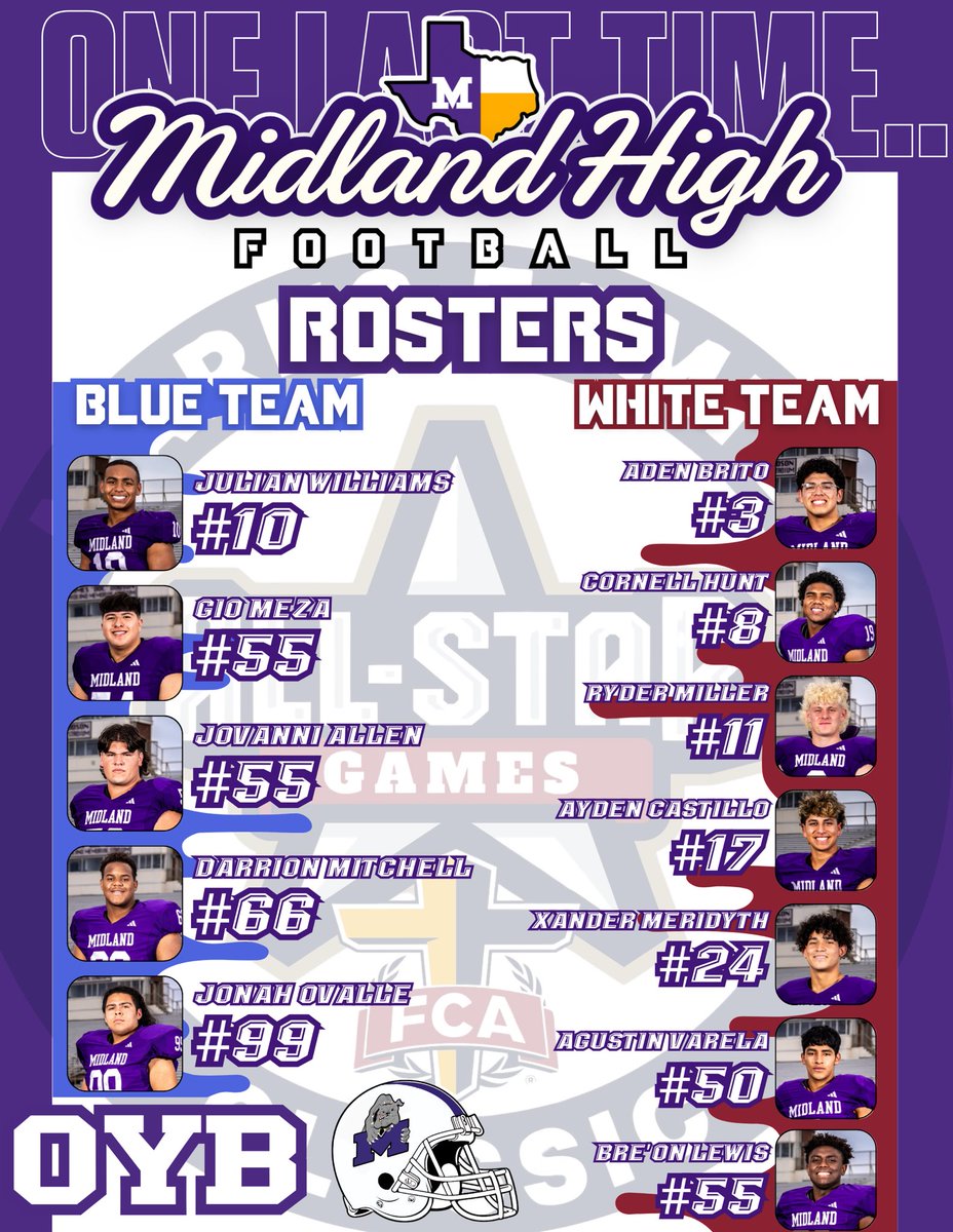 midlandhighfb's tweet image. One last time…
The class of 2025 will take the field one last time representing the purple and white in the 2025 FCA All-Star game.
🏈2025 FCA All-Star Game
📍 Odessa, TX
🏟 Ratliff Stadium
📆 6.14.25
⏰ 7:00 PM
It’s a GREAT DAY to be a Bulldog!
🟣⚪️
#OYB