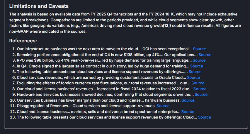 dfin_pro's tweet image. Oracle stock has hit all-time highs recently. Let&apos;s dig further in to what&apos;s driving the growth of the business. 

Dbot provides the relevant details with a full set of relevant references. 

Worried about whether the model is hallucinating? Easily verify with 1-click of a…