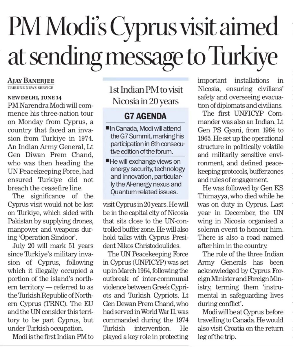 PM Modi starts his three nation visit from Cyprus that was invaded by Turkiye in 1974. An Indian Army General heading the  UN peacekeeping duty ensured safety of buffer-zones.
<a href="/thetribunechd/">The Tribune</a>
<a href="/adgpi/">ADG PI - INDIAN ARMY</a> <a href="/UN/">United Nations</a> <a href="/MEAIndia/">Randhir Jaiswal</a>
<a href="/CyprusMFA/">Cyprus MFA</a> <a href="/HCI_Nicosia/">India 🇮🇳 in Republic of Cyprus 🇨🇾</a>
Link 👇
tribuneindia.com/news/india/pm-…