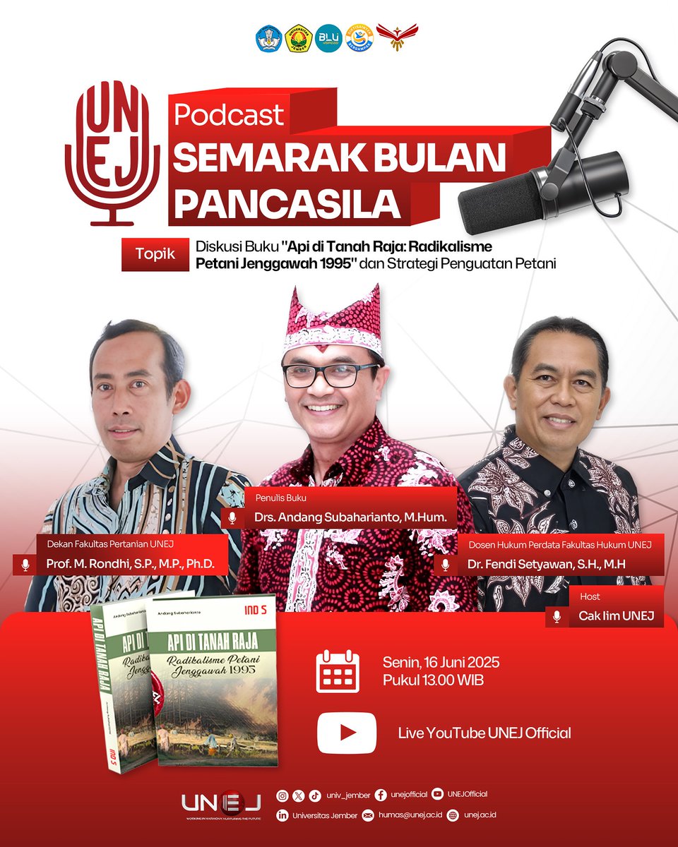 Dalam rangkaian kegiatan semarak Bulan Pancasila di #UNEJ mari bergabung di podcast bedah buku live spesial bersama pakar📖🎙️

Jangan lewatkan kesempatan untuk berinteraksi langsung melalui YouTube UNEJ Official. 

#UniversitasJember
#InfoUNEJ
#SemarakBulanPancasilaUNEJ