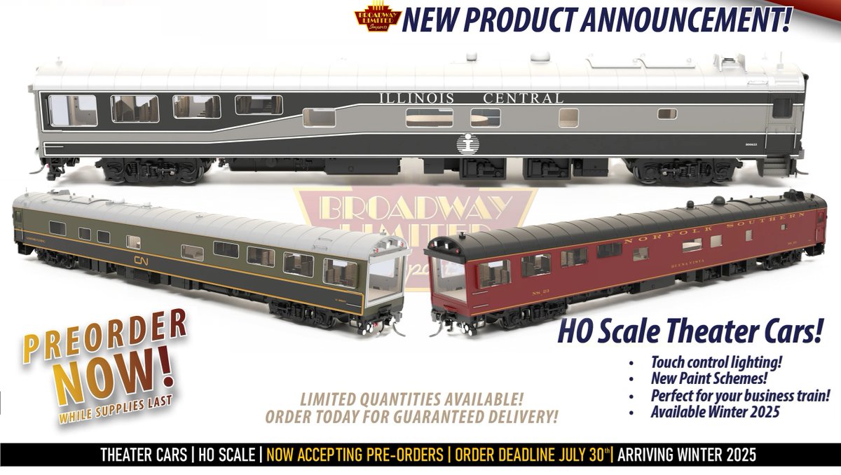 Switch Tower Hobbies (@switchtowerhob1) on Twitter photo NEW PRODUCT ANNOUNCEMENT!
We are excited to announce some additional paint schemes coming to <a href="/BLITrains/">Broadway Ltd Imports</a> Ho Scale Fox River Theater Cars! Now Accepting Pre-Orders!
Order Deadline July 30th.
Pre-Order Today: switchtowerhobbies.com/switchtowerhob… NEW PRODUCT ANNOUNCEMENT!
We are excited to announce some additional paint schemes coming to <a href="/BLITrains/">Broadway Ltd Imports</a> Ho Scale Fox River Theater Cars! Now Accepting Pre-Orders!
Order Deadline July 30th.
Pre-Order Today: switchtowerhobbies.com/switchtowerhob…