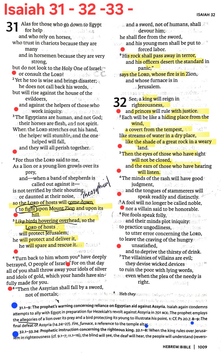 TeXasMadde's tweet photo. #OldTestamentStudy #17
🔑📜 Isaiah 31:1-9 -32:1-20 -33:1-23
🕊🪽☁️Like Birds Hovering Overhead so is YHWH Sabaoth
🌀🌳🍇A Spirit on High is Poured out & Fruitful Fields & Forests appear
🌊🏜👑 ✝️Messiah will be like a Hiding Place from Wind ,Tempest & a Stream in a Dry place https://t.co/jaEFf8Es3P