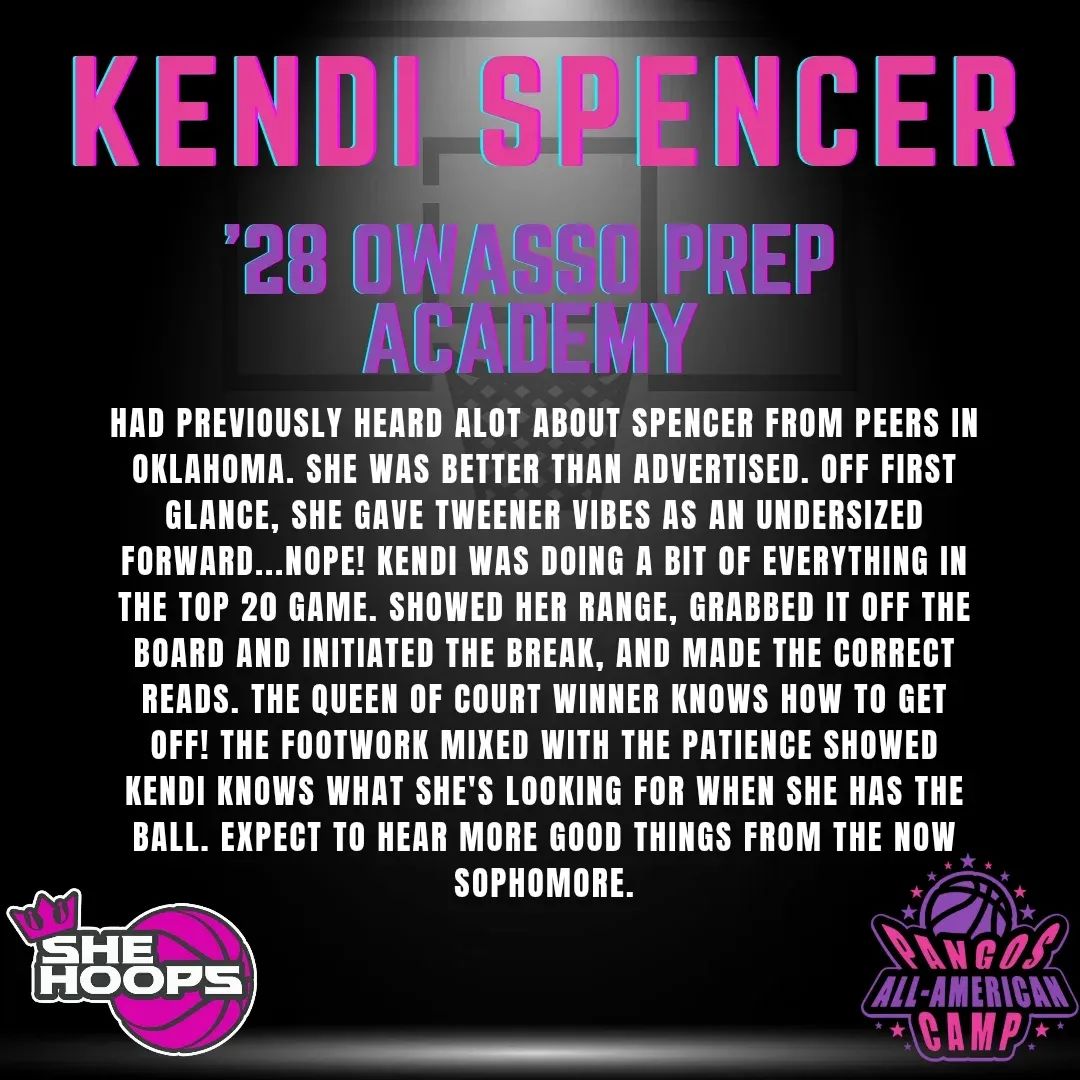Kendi Spencer (@k_spencer2028) on Twitter photo Pangos Girls All-American Camp was 🔥
Elite competition, major exposure, real connections—and recognition.
👑 1v1 Champ
⭐️ Top 20 All-Star
🏀 Featured by <a href="/__shehoops__/">@__shehoops__</a> for my skill set 🫶🏽
Grateful for the opportunity! #PangosAllAmerican #SheHoops #WomensBasketball Pangos Girls All-American Camp was 🔥
Elite competition, major exposure, real connections—and recognition.
👑 1v1 Champ
⭐️ Top 20 All-Star
🏀 Featured by <a href="/__shehoops__/">@__shehoops__</a> for my skill set 🫶🏽
Grateful for the opportunity! #PangosAllAmerican #SheHoops #WomensBasketball