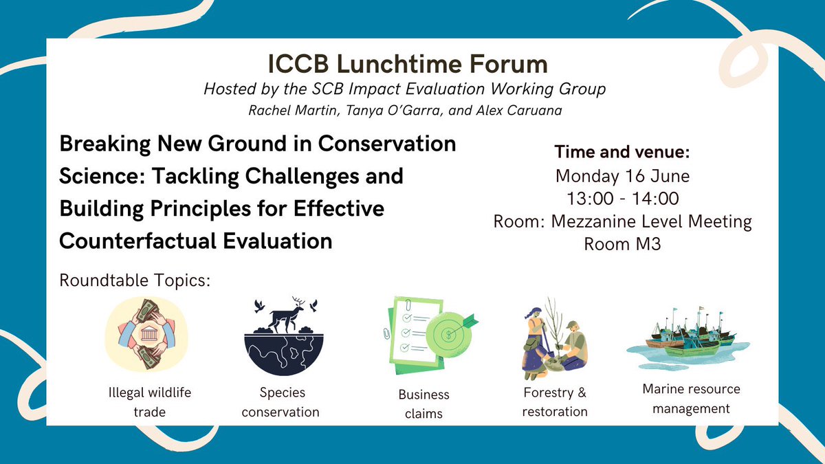 Join us Monday June 16 from 13:00-14:00 Room M3 for the Lunchtime Forum on counterfactual methods across wildlife trade, species, forest mgmt &amp; more in roundtables. 

We’ll discuss unique challenges &amp; solutions! 

 🔗 Register now: forms.gle/4XCDF2sj7iXhFs… 

#ICCB2025