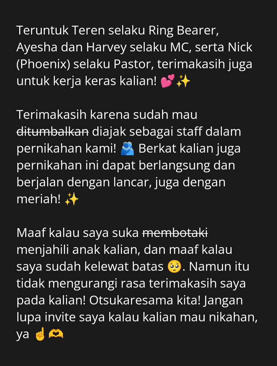 Teruntuk Teren ( <a href="/DevilSanction/">𝐓𝐞𝐫𝐞𝐧.</a> ), Ayeesha ( <a href="/aethramedeis/">❛ 𝕬𝐲𝐞𝐞𝐬𝐡𝐚 ;</a> ), Harvey ( <a href="/hellegiac/">︎ ︎ ︎ ︎ ︎ ︎ 𝑯ARVEY．</a> ), dan juga Phoenix ( <a href="/consurgea/">𝐖𝐑𝐈𝐆𝐇𝐓, 𝐏𝐡𝐨𝐞𝐧𝐢𝐱. ♧</a> ),